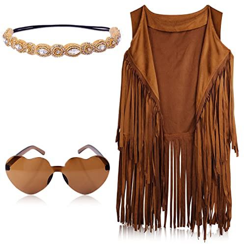 KINBOM Hippie Kostüm Damen, 60er 70er Hippie Accessoires Set mit Fransen Weste, Stirnband, Herz, Sonnenbrille für Damen (S)