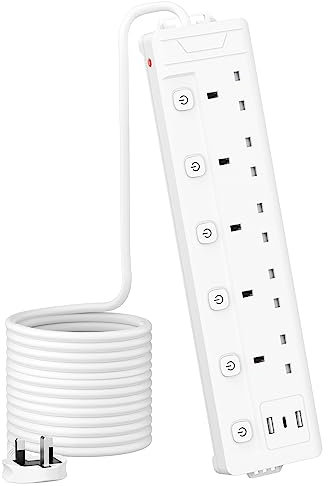 5M 5 Gang Extension Lead with 3 USB Slots Multi Plug, Mscien Extension Lead with 5M with Individual Switch, White 5 Metre, For Home Dorm Office Extension