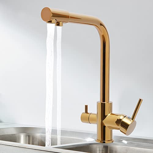 3 Wege Küchenarmatur 360° Drehung Wasserhahn Küche Edelstahl Einstellbare Temperatur Trinkwasserhahn Küchenspüle Amatur (Gold)