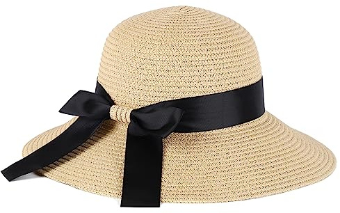 S.ROMZA Chapeau de Paille pour Femme avec Cordon Coupe-Vent à Large Bord Pliable pour la Plage, l'été, Protection UV 50+
