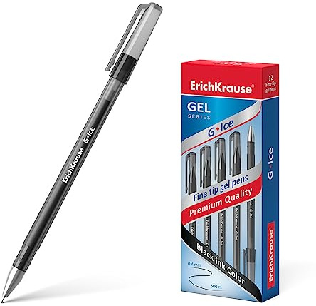 Erich Krause Gelstifte 0,4mm 12er Pack Schwarz - einfaches und weiches Schreiben - schlanke Form - Gel Kugelschreiber - Gelschreiber für Schule & Bürobedarf - nicht schmierend - G-Ice