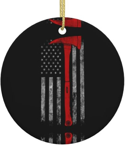 Halloween, Christmas Round Firefighter Axe Red Line Flag Ceramic Decoration, Christmas Tree Home Decor Pendant.