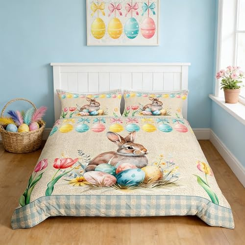 Cute Rabbit Kids Duvet Cover Set King Size,Happy Easter Colorful Egg Flowers Bedding Set,Girls Boys Room Decor,Geometric Grids Patchwork Comforter Cover,Rustic Farmhouse Quilt Cover,2 Pillowcases