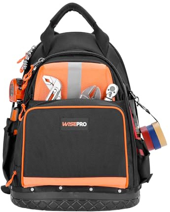 WISEPRO Tool Backpack, Heavy Duty Tradesman Backpack with Molded Base, Tool Organizer for Electricians, Construction, Maintenance Worker