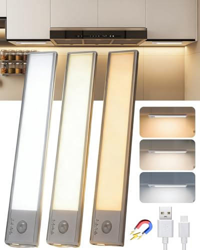 Aigostar 3 Pcs Luz LED Armario Sensor de Movimiento, Bajo Mueble Cocina 20.4cm, 1100mAh USB-C Recargable, Color y Brillo Regulable, Magnética Adhesiva, Aluminio, Inalámbrica