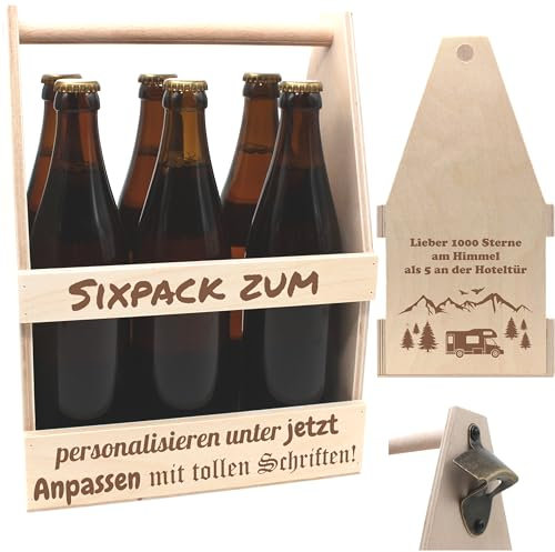 CAMPING-Bierträger personalisiert Sixpack Flaschenträger Bierträger aus Holz mit Gravur Männerhandtasche mit Namen Geburtstagsgeschenk Biergeschenk Campingzubehör Campingausflug Campingplatz