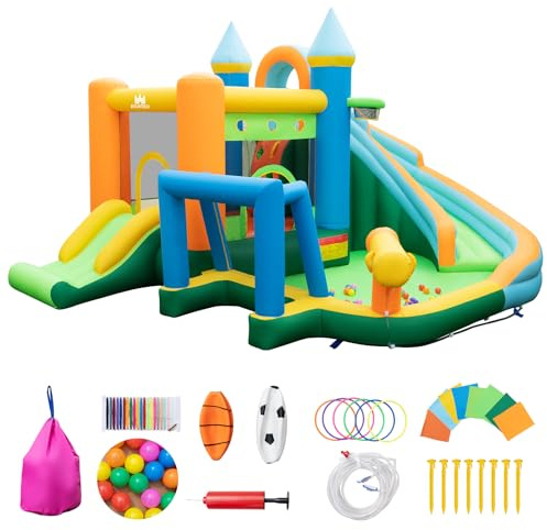 COSTWAY Aufblasbare Hüpfburg, Springburg Wasserpark mit 2 Rutschen, Planschbecken, Kletterwand, Wasserwerfer, 50 Spielbällen & bunten Ringen, Nass-Trocken-Kombinations 463 x 395 x 251 cm