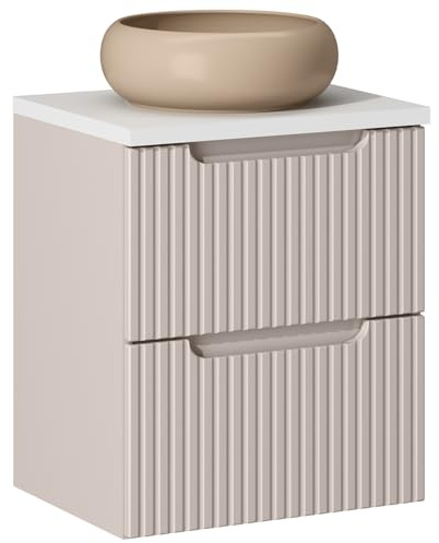 Lomadox Badezimmer Waschtisch 50cm mit Aufsatz-Waschbecken, Kaschmir und weiß, gerillte Front