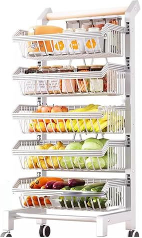 Genérico Carrito Auxiliar con Ruedas, 3/4/5 Niveles Carrito Verduras, Cesta de Almacenamiento de Metal, Arrito Verdulero para Cocina, para almacenar Patatas, cebollas y Verduras(5 Tier)