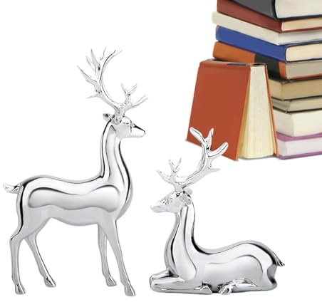 2 Pack Silver Deer Christmas Decor - Reindeer Statue Decoration, Reindeer Christmas Decoration, Resin Figurines Deer Statue, Handicraft Reindeer Resin Sculpture For Christmas Center Table Decoration