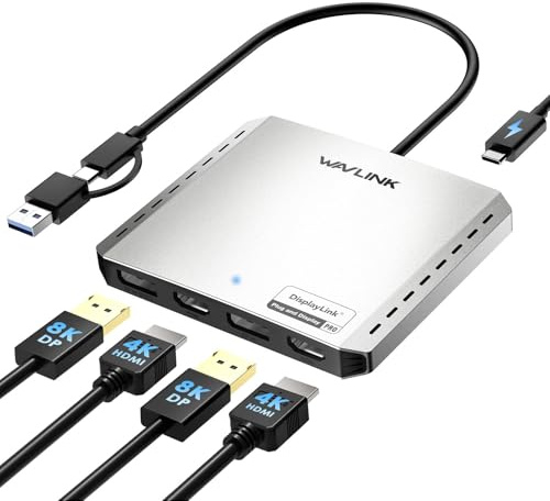 WAVLINK Adaptador USB C a HDMI 4K y DP,Pantallas Cuádruples Ampliadas para MacBook Neo/Mac/Windows,Docking Station para Dos Monitores 8K o Cuatro Monitores 4K,Puerto DP (120Hz)
