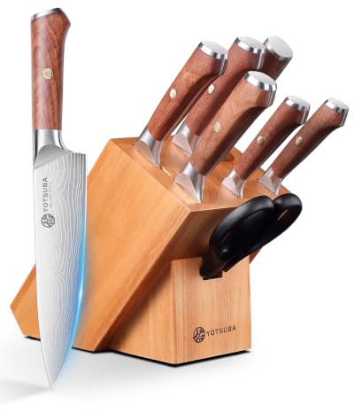 YOTSUBA 8-TLG Messerblock scharfes Küchenmesser Set, Messerblock mit Messer | Hochkohlenstoff-Edelstahl, extra scharf, Full Tang, stichsichere Bauweise, Ergonomisches japanisches Knife Set