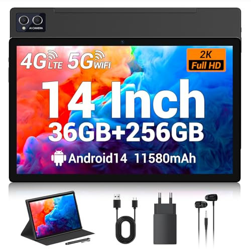 TIGERFU Tablet 14 Pulgadas, Android 14 Tablet con Ranura SIM,36 GB RAM+256 GB ROM (1TB TF),4G LTE+5G WiFi,Octa Core 2.0GHz,8MP+13MP,11580mAh,BT 5.0,FHD,GPS,Tableta con Lápiz y Funda Protectora (Negro)