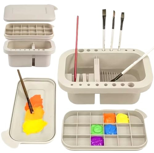 Hperu Paint Brush Cleaner Tool, 3 in 1 Portable Multifunctional Plastic Cleaner with Palette & Paintbrush Holder, for Acrylic Watercolor Brushes