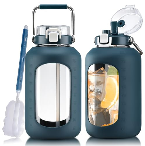 WINSA Large Glass Water Bottle, 100 oz, Dark Blue
