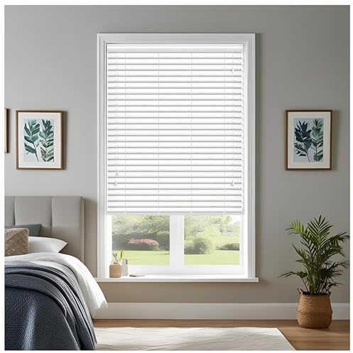 J.Din Made to Measure Blinds, Faux Wood Venetian Blinds with String 50MM Slats Easy Fit Windows Treatments Blind (White, 150cm Width x 213cm Drop)
