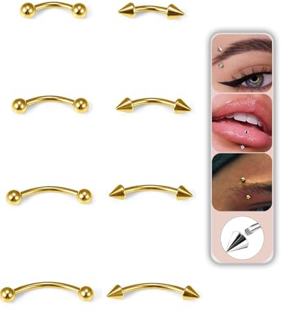 4Pairs 16G Gold Eyebrow Piercing Jewelry for Women Men, Surgical Steel Curved Barbell Tiny Eyebrow Ring Vertical Labret Lip Jewelry Ear Rook Navel Small Belly Button Ring for Women Men 6/8/10/12mm