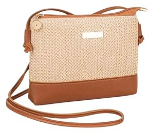 Bolso de Mimbre y Piel, Bandolera Mujer Pequeña, Verano, Bolso de Mano de Paja con Detalles en Polipiel Marrón, Cremallera Dorada, Estilo Casual Elegante, Ideal Móvil, Viaje, Paseo, Fiesta, Playa