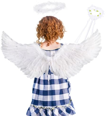 Disfraz de ángel para niños, alas de ángel blanco, disfraz de ángel para mujer con halo y varita mágica, 60 cm, disfraz de alas de ángel para cosplay, fiesta, Halloween, carnaval, disfraces, niños y