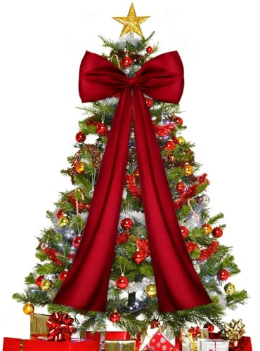 XIMISHOP Wine Red Christmas Tree Topper Bow，120cm Large Long Satin Christmas Tree Wine Red Bow Decorations with Wire for Xmas Tree Holiday Home Indoor Decoration