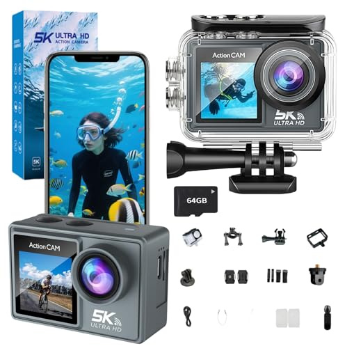 MEIION Puruxe Caméra Sport + 64gb Memory Card Caméra Sport 5K HD étanche avec WiFi, écran Double, Accessoires Inclus, qualité d'image exceptionnelle, pour Les Aventures en Plein air, vidéo 4K 60 FPS