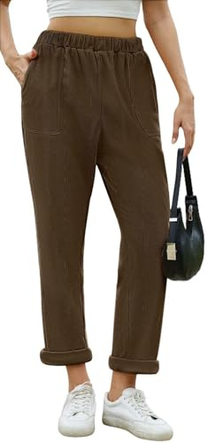 CheChury Women's Corduroy Trousers Ladies Elasticated Waist Trousers Straight Leg Cord Pants with Pockets Relax Fit Full Length High Waist Pull On Office Casual Trousers for Women,Brown,M
