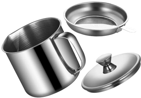 STOBAZA Stainless Steel Oil Filter Pot Grease Strainer Cup with Covered Lid for Separating Cooking Oil and Soup Liquid Seasonings Storage Kitchen Tool for Home Restaurant Hotel