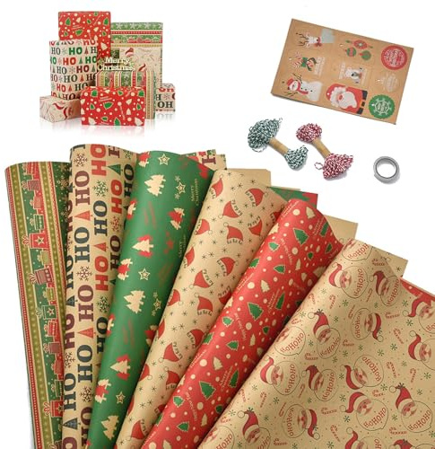 6 Blatt Weihnachtspapier Geschenkpapier, Geschenkpapier Weihnachte, Weihnachtsmann und Schneeflocke Bedruckt, für Weihnachten Winterurlaub, mit Hängeetiketten Klebeband Seil, 70x50CM