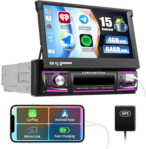 SIXWIN 4GB+64GB Android 15 1 Din Autoradio con Wireless Carplay e Android Auto,7 '' Manual Pieghevole Touchscreen Stereo con WiFi GPS Bluetooth RDS/FM 2USB AUX TF Controllo del Volante