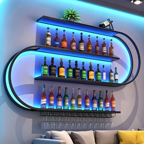 Weinregal zur Wandmontage mit Wein Glashalter, 4 Ebenen Großes Industriell Metall Wandmontage Weinflaschenhalter, Modernes Bar Multifunktionaler Weinregal Wand aus Metall für Bar (schwarz, 150cm)