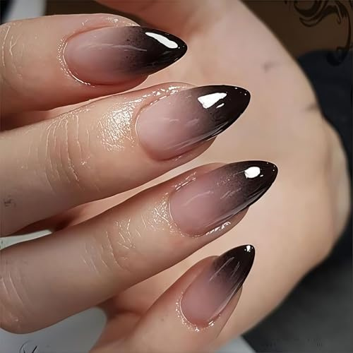 Vesavifaka Schwarze Ombre Press on Nägel, Kurze Mandel Fake French Nails, Goth Fake Nägel, Press on Nägel für Halloween Maniküre, Vollabdeckung Glänzende Klebenägel für Damen, 30 Stück