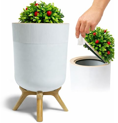 ORMARA HOMES Small Bathroom Trash Can with Plant Style Lid, 1.8 Gallon, White, Small Bathroom Garbage Can, Decorative Wastebasket for Bedroom, Office, and Bathrooms, Trash Bin That Looks Like a Plant