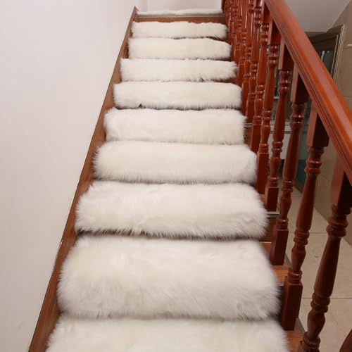 15 peldaños de Escalera de Lana sintética, Alfombra de Pelo Largo, Antideslizante y Resistente al Desgaste, Adecuada para escaleras, pasillos y mesitas de Noche White 25 * 75 CM