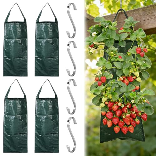 SGZIOO 4 Pièces Sac de Plantation Suspension Fraisier, Sac de Culture Potager avec 8 Trous, 4 Crochets Inclus, Sachets de Plantation pour Plantes, Fraises, Herbes Aromatiques et Légumes