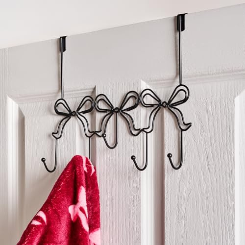 OHS Over Door Hanger Black with 5 Hooks, Cute Bow Design Over Door Hook Metal Hanger Coat Hooks for Towels Robes Jackets Hats Storage Space Saving for Bathroom, Bedroom