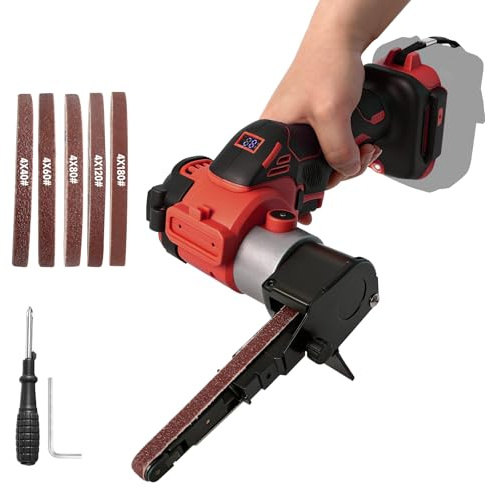 Sladdlös bandslipmaskin kompatibel med Milwaukee M18-batteri, 0–13 000 RPM 360° justerbar borstlös bandslip med 20 slipband för trä, metall och plast (röd för Milwaukee)