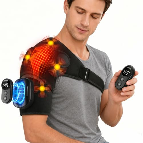 Masseur d'épaule 3 en 1 avec télécommande, coussin chauffant pour les épaules avec 5 niveaux de chaleur et 5 modes de vibration, batterie 5000 mAh, bandage d'épaule rechargeable avec minuterie pour la
