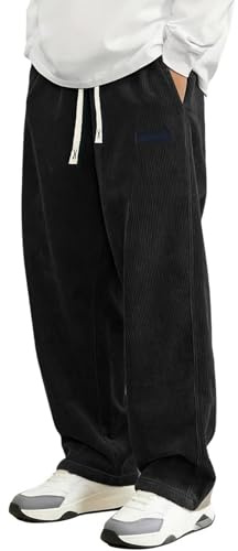 DFEK Mens Corduroy Trousers Baggy Jeans Loose Fit Wide Leg Vintage Elastic Drawstring Waist Casual Lounge Sweatpants for Streetwear & Daily Wear