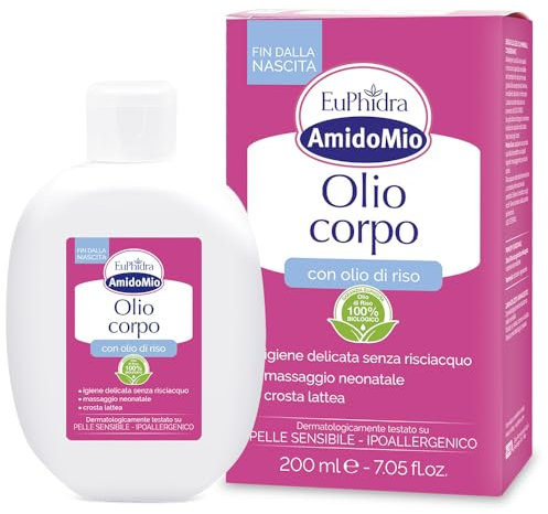 Euphidra – AmidoMio Körperöl, feuchtigkeitsspendend und sanft, ideal für Babys und Erwachsene, leicht und schnell einziehend, spendet tiefgehende Feuchtigkeit, Flasche 200 ml