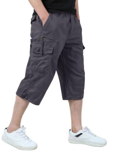 KEFITEVD 3/4 Décontracté Shorts pour Homme Taille Élastique Coton Pantalon de Travail D'extérieur Eté Cargo Shorts avec Poches