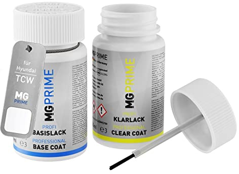 MG PRIME Autolack Lackstift für Hyundai TCW Creamy White + Klarlack | Set aus Basislack + Klarlack, Lackfläschchen mit Pinsel, je 50ml