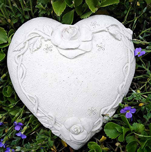 Radami Herz Grabherz mit Rosen Rosenranke Grabschmuck Gedenkstein Dekoherz Dekoration Farbe HELLGRAU 14,5cm