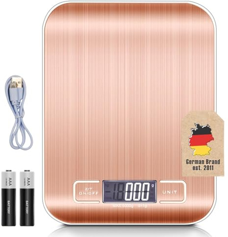 Intirilife Digitale Küchenwaage 5 kg -ROSÉ GOLD- Wiederaufladbar per USB & Batteriebetrieb- Elektronische Waage mit Tara Funktion- Präzise Küchen Digitalwaage mit LCD-Display zum Backen,Kochen, 1g