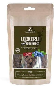 Lakefields Hundeleckerli | Trockenfleischwürfel vom Wild | 150g | 90% Hirschfleisch | Getreidefreie Hunde Snacks mit Kartoffeln & Waldbeeren | Knusprige Belohnung für Zwischendurch | Ohne Zusätze