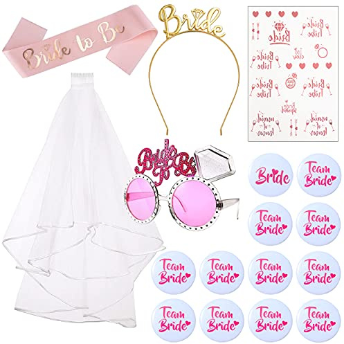 Annhao 17 pezzi Addio Nubilato Decorazione Sposa di Essere Bride to be Satin Sash Giarrettiera Cerchietto Tiara e Velo Matrimonio Tatuaggi Badge Occhiali Rosa con Il Pettine per Addio Nubilato