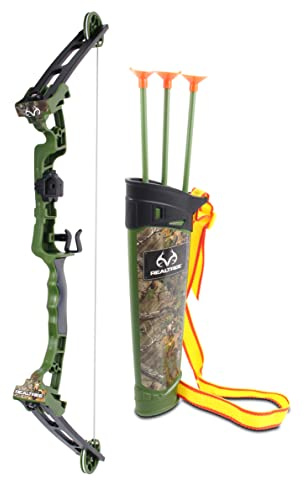 NKOK Realtree Jr. Compound Bow Set; PVC Tipped Suction Cup Arrows Can Be Propelled Up to 40 Feet; 3 Arrows and Target; Red LED Scope; Age 6+