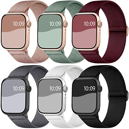 Charlam Sport Nylon Band für Apple Watch Armband 40mm 42mm 41mm 38mm | Elastisch Stoff Solo Loop Armbänder für iWatch Armband SE 3 SE 2 SE Series 11 10 9 8 7 6 5 4 3 2 1 Damen Herren, 6 Stück