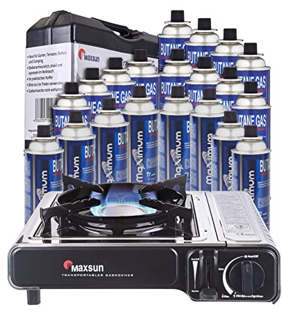 Maxsun | MaXimum Edelstahl Premium Gaskocher Set | tragbarer Campingkocher | Gaskartuschen Kocher (Kocher + 20 Kartuschen)