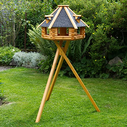 Deko-Shop-Hannusch XXL Luxus Vogelhaus wahlweise mit Solarbeleuchtung, Vogelfutterhaus aus Holz, V13 wahlweise mit Ständer, mit Futtersilo, Silo (XXL mit Ständer und Solar, anthrazit Steindach)