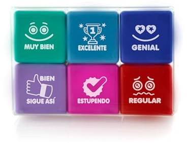 Pack 6 Sellos Escolares - Especial Profesores en 6 Colores y 7 Idiomas, Hasta 1000 Impresiones por Sellos en caja transparente by Office Box (Castellano)
